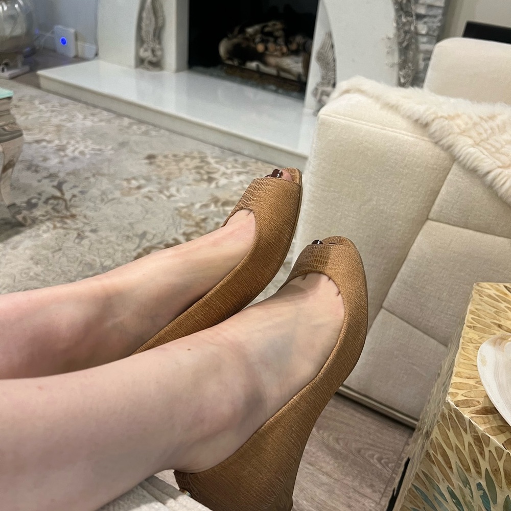 Stuart Weitzman Brown Peep-Toe Wedges